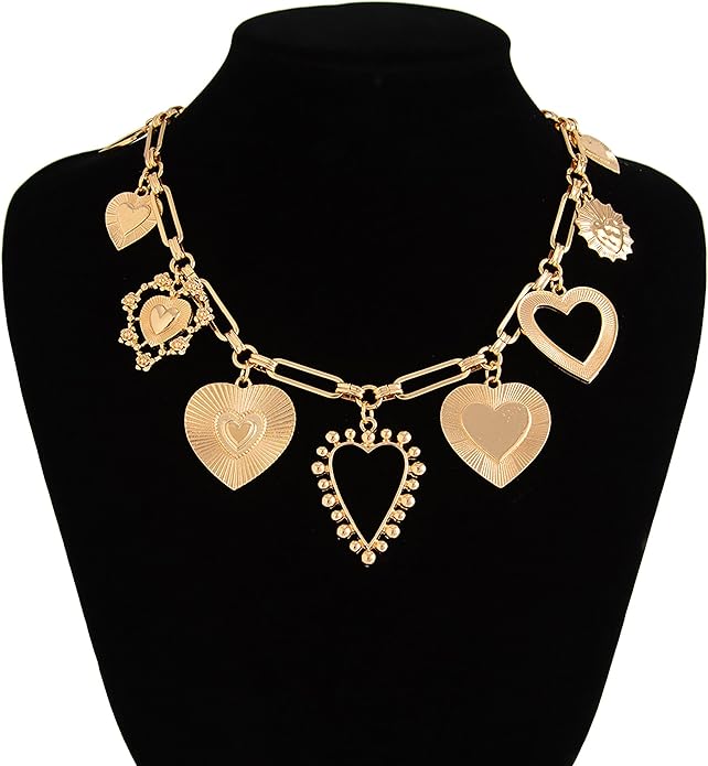 Gold Heart Chunky Charm Necklace for Women with Matching Bracelet, Healing Boho Jewelry Set, Italian Mirror-Polished Alloy, Spiritual Energy Pendant for Meditation, Growth & Inner Strength Gift