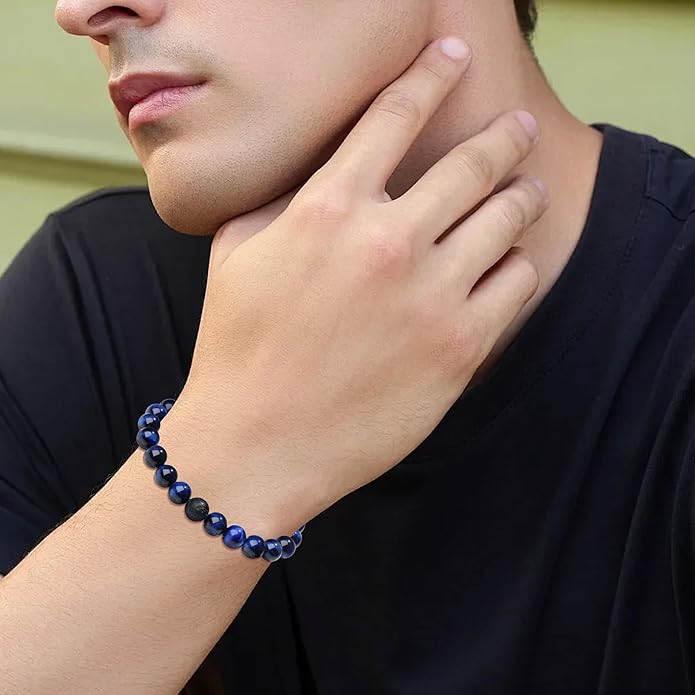 XIANNVXI Natural Stone Beads Bracelet for Men Crystal Bracelets 8MM Tiger Eye Lava Rock Obsidian Beaded Bracelet Set Black/Red/Blue Crystal Beaded Bracelets for Men