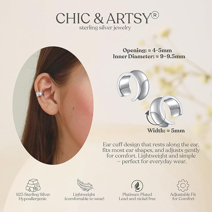 CHIC & ARTSY 925 Sterling Silver Ear Cuffs for Women, Non Piercing Clip On Cartilage Cuffs, Adjustable Fake Conch & Helix Earrings, Gold Plated & Oxidized Various Styles