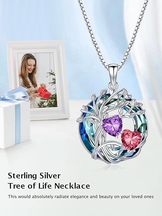 TOUPOP s925 Sterling Silver Family Celtic Tree of Life Pendant Necklaces with 2 Heart Birthstone with Blue Austrian Crystal Jewelry Birthday Valentines Day Gifts for Her, Anniversary Christmas Gifts for Wife Girlfriend Mom (18K Real White Gold Filled)