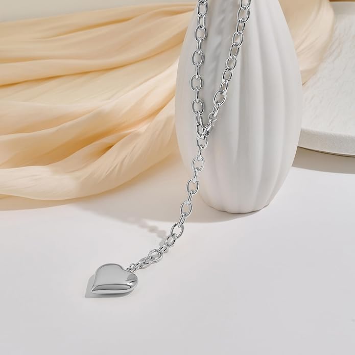Valentine's Day Gifts for Women - Chunky Heart Necklaces for Women, Statement Long Lariat Layered Gold Heart Pendant Necklaces, Statement Jewelry | Big Y-shape Jewelry