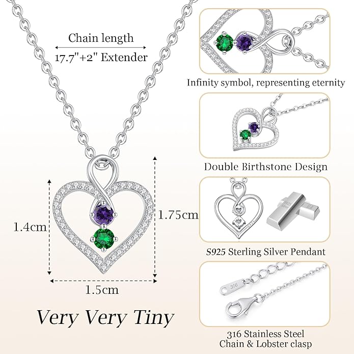 LOUISA SECRET Infinity Double Birthstone Necklace, 925 Sterling Silver Tiny Pendant Heart Necklace for Women Wife Her, Best Jewelry Gift Heart Jewelry Meaningful Gift for Valentine's Day, Christmas, Birthday Anniversary