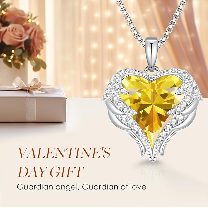 CDE Valentines Day Gifts for Women Angel Wings Necklace for Women with Birthstone, Love Heart Silver Tone/Gold Tone Pendant, Ideal Anniversary or Birthday Jewelry Gifts for Wife Girlfriend Her