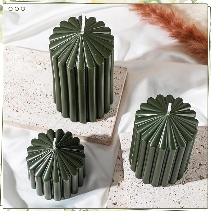 Conelist Set of 3 Moss Green Ribbed Pillar Candles Soy Wax Scented Candles | 2.8 - Image 5