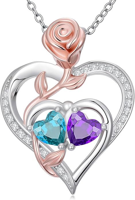 Rose Flower Heart Pendant for Women Birthday Gifts 18k Gold Plated Mother Daughter Necklace with 12 Months Birthstone Christmas Valentines Day Gifts for Her Mom Anniversarry Jewelry for Mom Wife Girlfriend