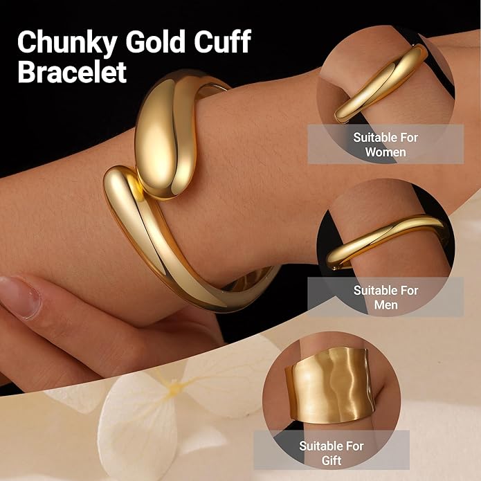 Chunky Gold Bangle Bracelets for Women, Premium Zamak 3 Alloy with 14K PVD Vacuum-Ion Plating & Electrophoretic Finish, Ideal for Parties, Weddings, Christmas & Valentine’s Day Gifts