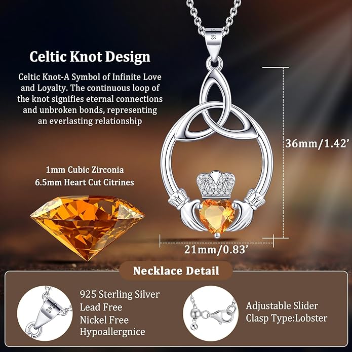 Gift Birthstone Necklaces for Women 925 Sterling Silver Irish Claddagh Necklace for Women Heart Birthstone Pendant Necklace Anniversary Birthday Gifts for Wife Lady Cable Chain 18"+2"