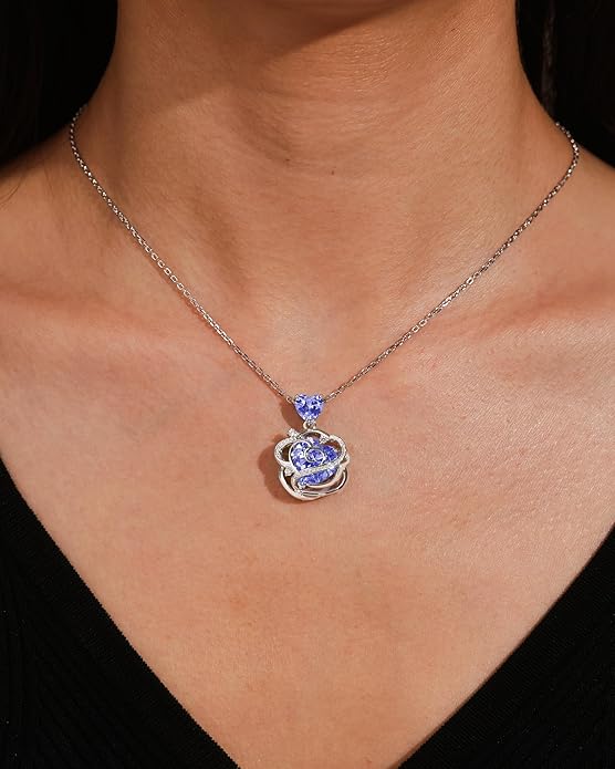 FANCIME Thornless Pulse Heart Birthstone Necklace for Women Sterling Silver Rose Pendant Fine Jewelry Gemstone Birthday Valentines Day Gifts for Wife Her