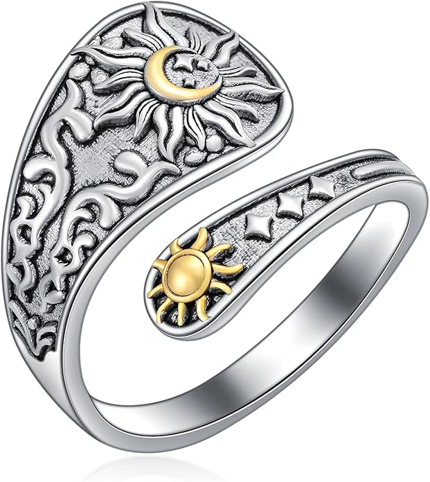 Midari Sun and Moon/Bee/Celtic/Life of Tree/Lotus Spoon Ring for Women 925 Sterling Silver Adjustable Ring Open Ring for Women Men Halloween Birthday Gift
