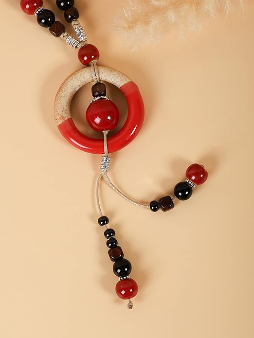 MINACHI Boho Hippie Colorful Ceramic Beads Strand O Ring Circle Charm Long Y Necklace, Vintage Bohemian Statement Jewelry Gift for Women