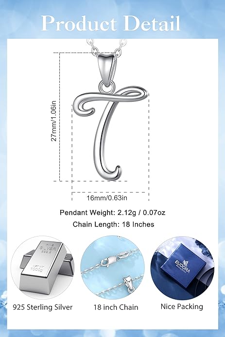 EUDORA Sterling Silver Initial Necklaces for Women, Classic 26 Letter Neckless Gifts for Girls, Sister, Mother Daughter, 18 inch Chain