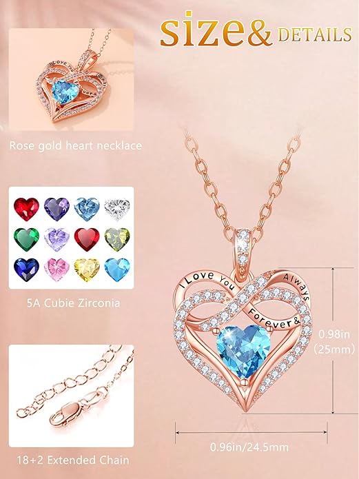 Infinity Rose Gold Valentines Heart Birthstone Necklace for Women,I Love You Always and Forever Jewelry,Valentines Anniversary Birthday Gifts for Her Wife Mom Grandma Daughter