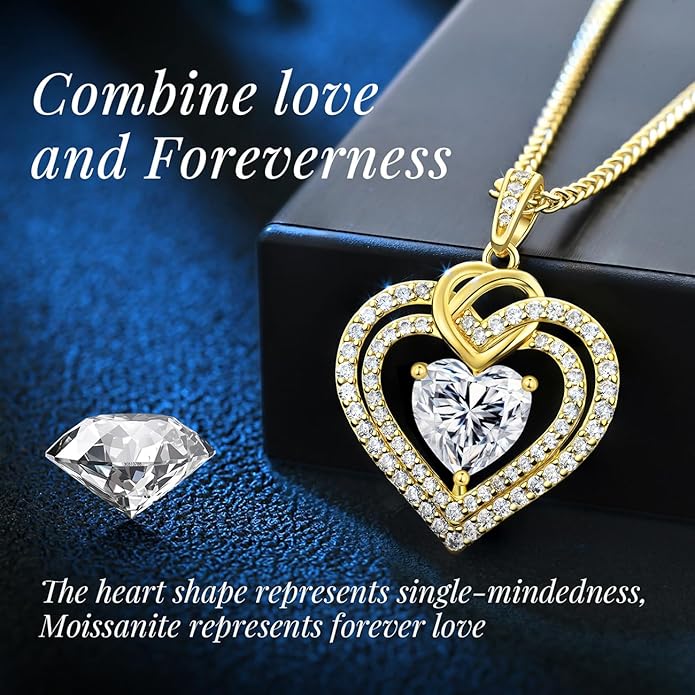 OOBEE Valentines Day Gift Moissanite Heart Necklaces for Women, 1- 4 Carat Moissanite 925 Sterling Silver 14K Gold Plated Pendant Necklace, Ideal Anniversary Birthday Christmas Mothers Day Jewelry Gifts for Mom Wife Her Girlfriend Daughter