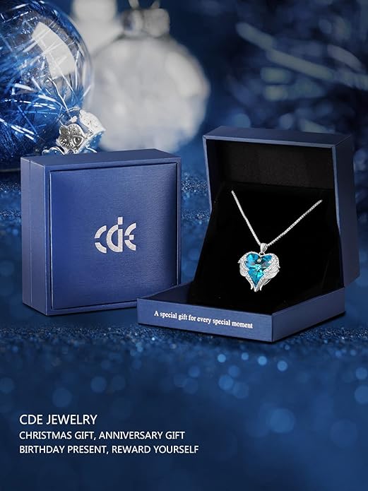 CDE Valentines Day Gifts for Women Angel Wings Necklace for Women with Birthstone, Love Heart Silver Tone/Gold Tone Pendant, Ideal Anniversary or Birthday Jewelry Gifts for Wife Girlfriend Her
