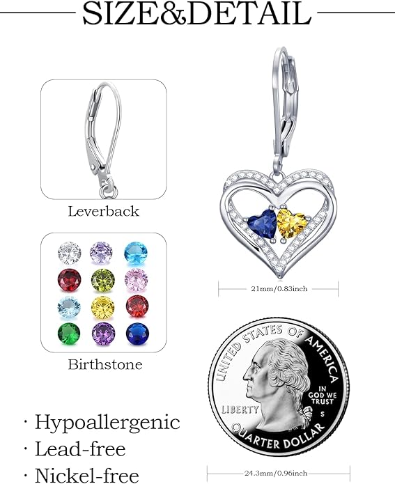 Valentines Day Gifts for Women, Heart Leverback Earrings Double Birthstone Dangle Earrings for Women, Love Jewelry for Her, Anniversary Birthday Gift for Mom Wife Girlfriend
