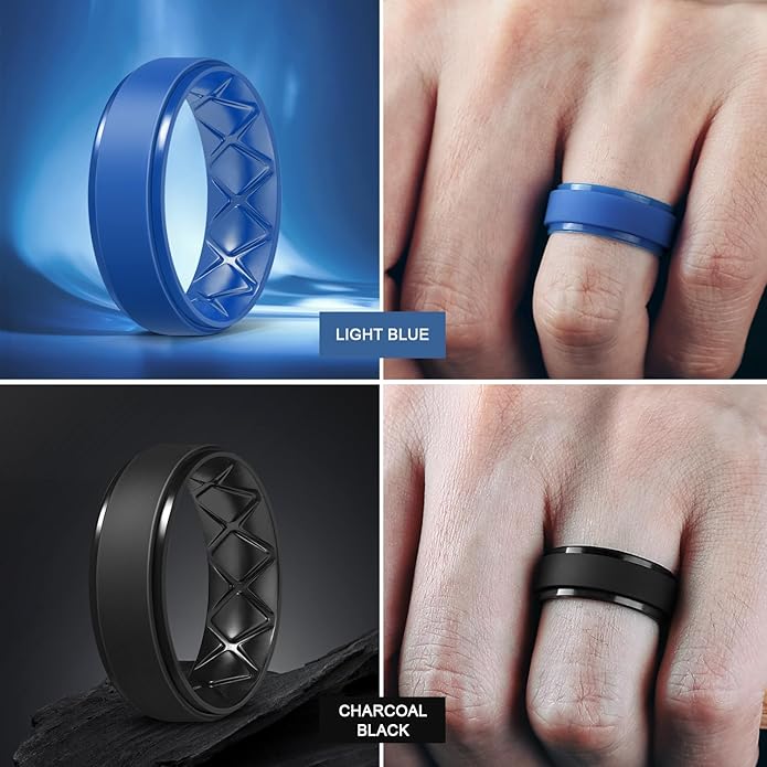 Egnaro Men's Rings 8.5mm Wide-2mm Thick Inner Arc Ergonomic Breathable Rubber Wedding bands-Hypoallergenic for Gym/Outdoor/Gift((1-7 Variety Pack with Half Size)