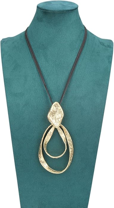 GelConnie Leather Necklace for Women Large Pendant Long Brown Necklace Circle Leather Choker Vintage Sweater Necklace Gold Chunky Boho Necklaces for Women