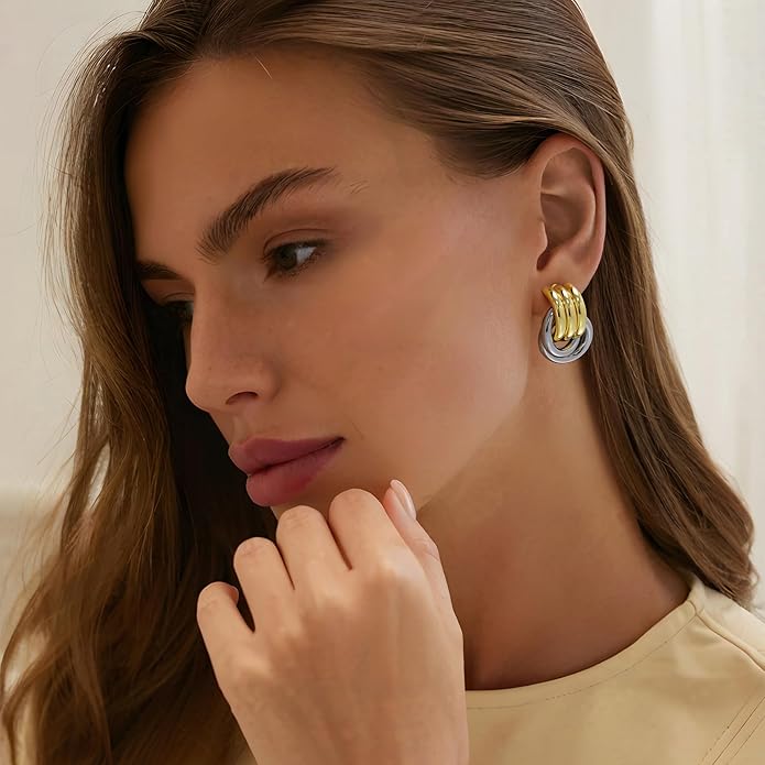 Chunky Gold Knot Earrings for Women, Gold Silver Statement Geometric Drop Dangle Long Link Earrings Trendy Dupes Jewelry