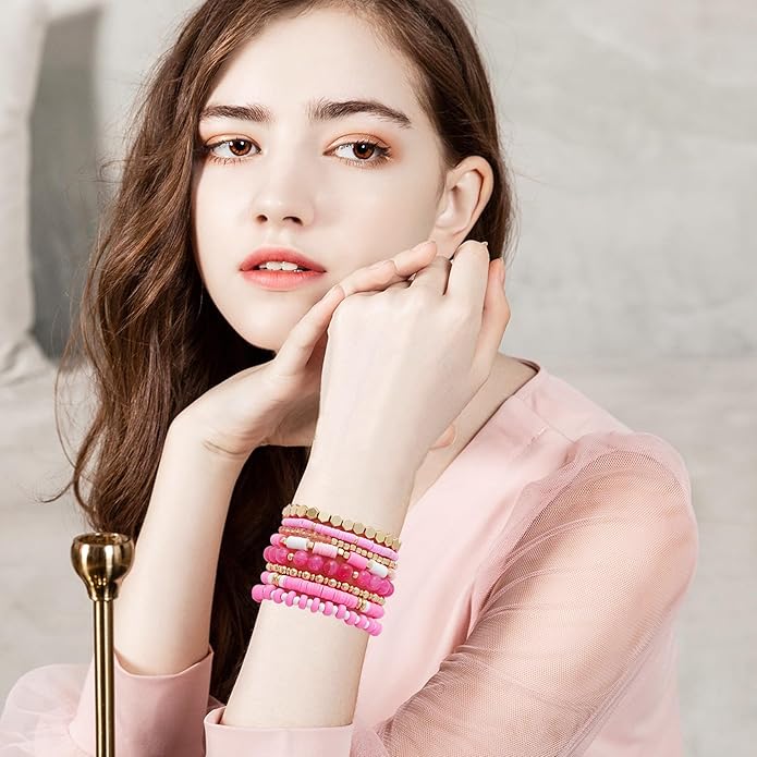 GOOJIDS Surfer Heishi Clay Bead Bracelets for Women Bohemian Stackable Gold Plated Beaded Stretch Bracelets Elastic Layering Friendship Bracelets Set Boho Jewelry