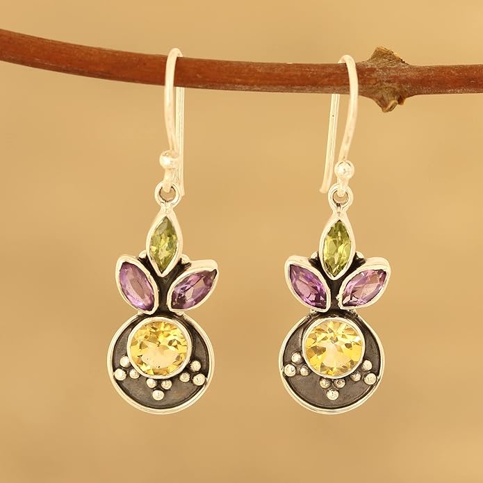NOVICA Artisan Handmade Multigemstone Dangle Earrings 3carat from India Sterling Silver Citrine Amethyst Peridot Birthstone [1.5 in L x 0.4 in W x 0.1 in D] ' Glittering Melody'