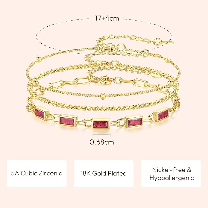 Gold Birthstone Bracelet for Women, 18K Gold Plated Layered Jewelry Bracelet Set, Womens Dainty Stackable Bracelets Link Paperclip Chain Valentines Day Gift for Wife Her