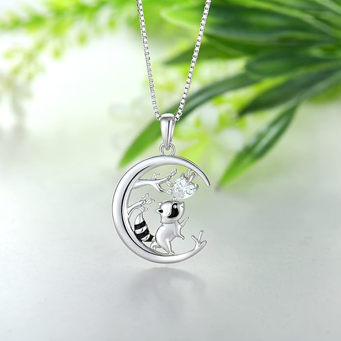 STARCHENIE Raccoon Necklace 925 Sterling Silver Heart Birthstone Pendant Cute Animal Jewelry for Women