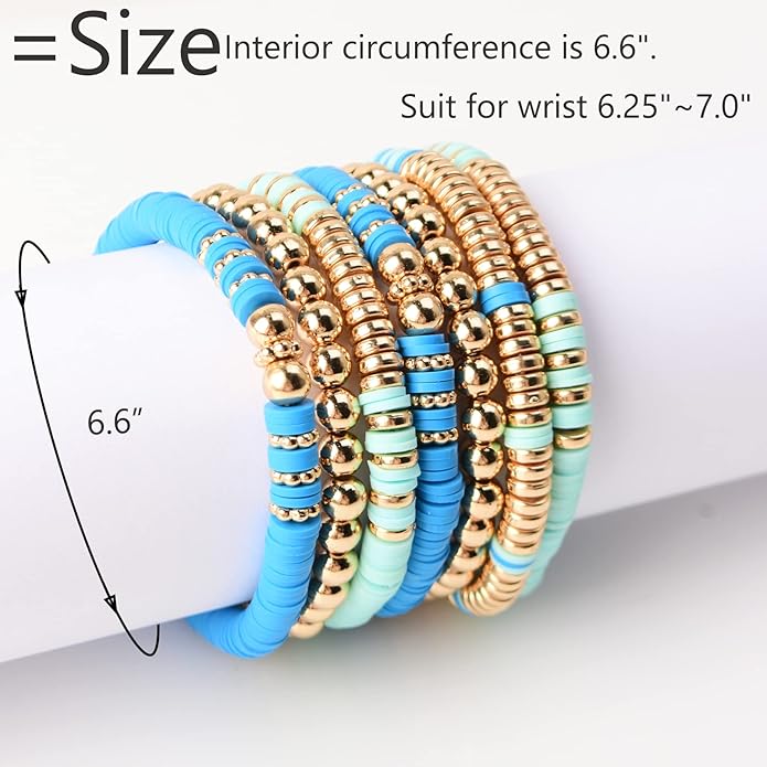 GOOJIDS Surfer Heishi Clay Bead Bracelets for Women Bohemian Stackable Gold Plated Beaded Stretch Bracelets Elastic Layering Friendship Bracelets Set Boho Jewelry