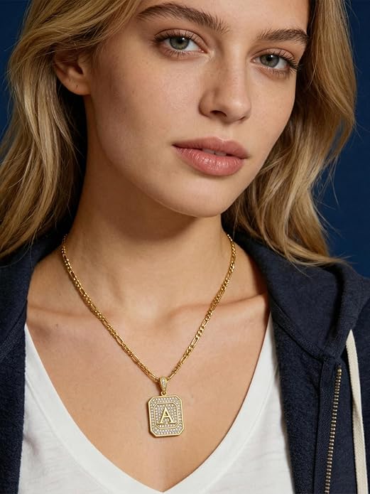 Initial Letter Pendant Necklace for Men Women, 14K Gold Square Monogram Alphabet Necklace with Figaro Chain, Valentines Day Birthday Gifts for Him Her