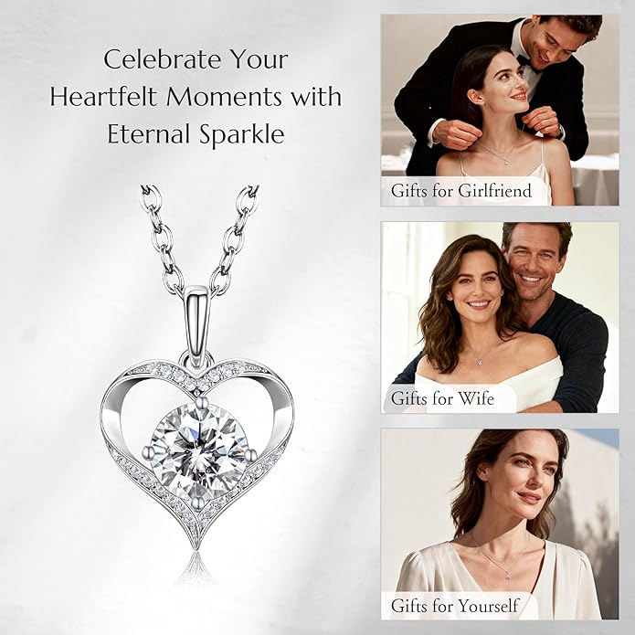 NORBU Moissanite Necklace for Women, 1 CT D Color VVS1 Clarity Round Cut, 925 Sterling Silver Heart Necklace with 18K White Gold Plated, Jewelry Gift for Wedding Anniversary Birthday Christmas Valentine's Day