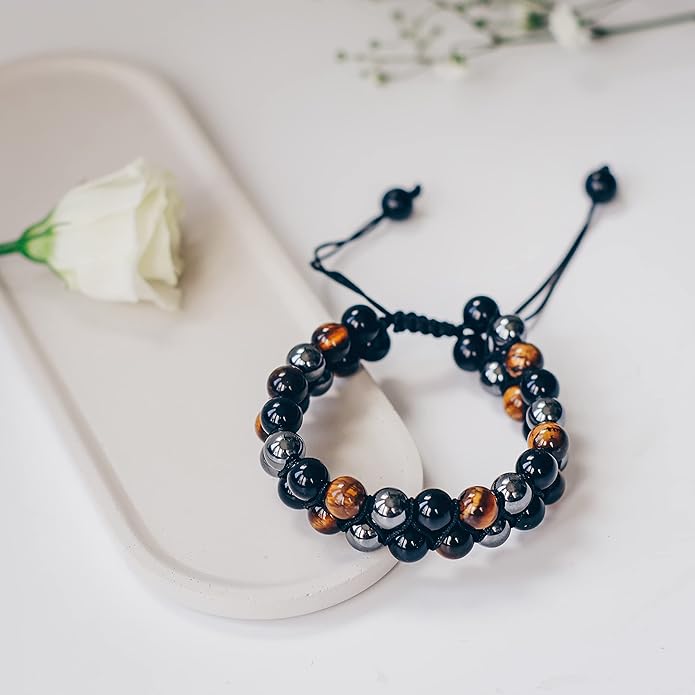 Crystal Vibe 8mm Triple Protection Bracelet - Beaded Bracelet with Natural Stones of Tiger Eye, Hematite, Black Obsidian - Elastic Adjustable Crystal Bracelet for Anxiety Relief, Spiritual Healing