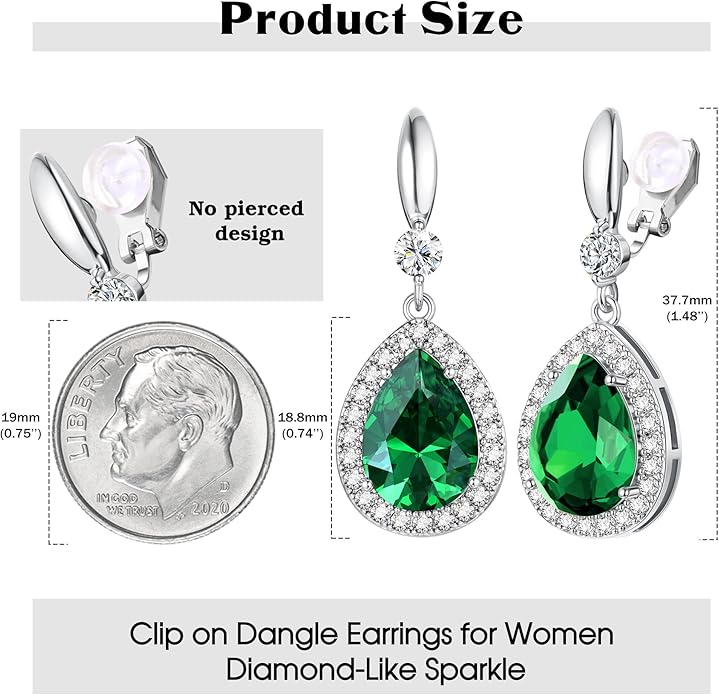 THUNARAZ Elegant Clip on Earrings for Women Sparkling Teardrop Dangle Clip Earrings Non-Pierced Rhinestone Cubic Zirconia Wedding Prom Jewelry 14K Gold and Silver Tone