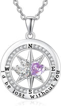 Compass Necklace for Women, Exquisite S925 Valentines Day Anniversary Birthday Gifts for Wife Her Double Birthstone Pendant Jewelry ‘I'd be Lost Without You’