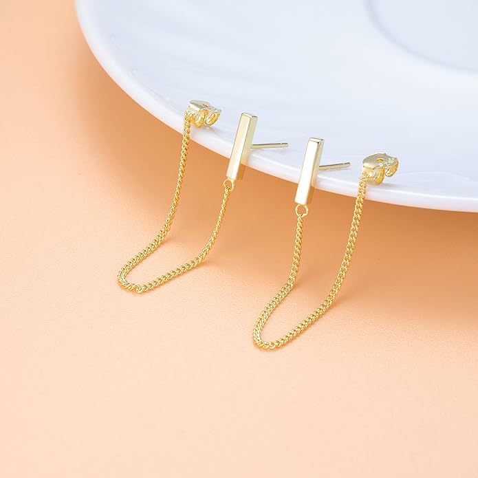 Reffeer Solid 925 Sterling Silver Stud Earrings Minimalist Bar Earrings with Chain Dangle Earrings For Women