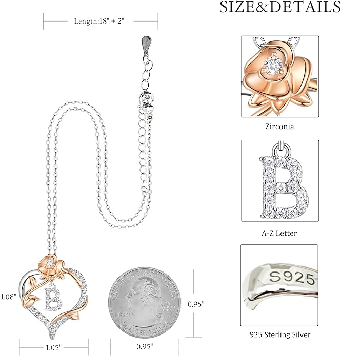 Valentines Day Gifts Rose Heart Letter Initial Necklace for Women, S925 Sterling Silver Pendant Necklace Adjustable Dainty Rose Flower Jewelry Gift for Her
