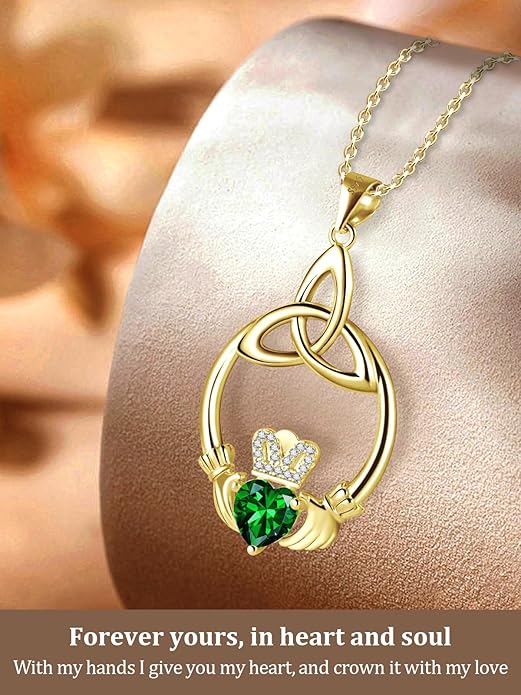 Gift Birthstone Necklaces for Women 925 Sterling Silver Irish Claddagh Necklace for Women Heart Birthstone Pendant Necklace Anniversary Birthday Gifts for Wife Lady Cable Chain 18"+2"