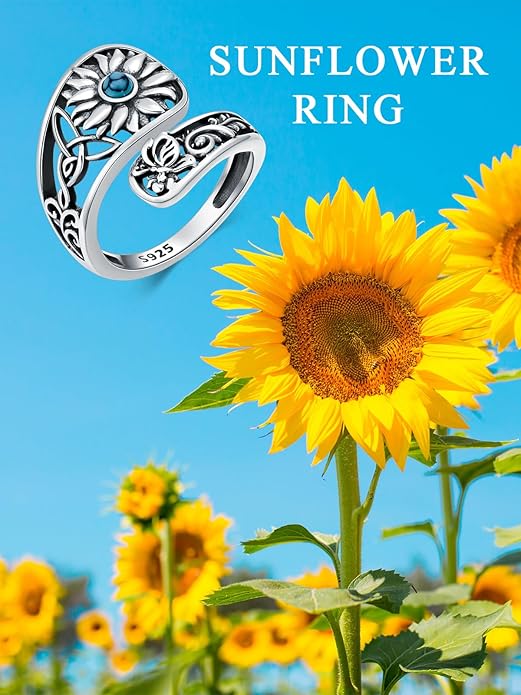 Midari Sun and Moon/Bee/Celtic/Life of Tree/Lotus Spoon Ring for Women 925 Sterling Silver Adjustable Ring Open Ring for Women Men Halloween Birthday Gift