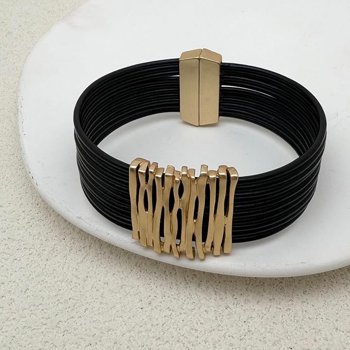 Leather Bracelet for Women Black Wrap Bangle Gold Infinity Bow-knot Bead Heart Bracelet Chunky Layered Bracelets for Women Trendy