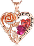 925 Sterling Silver Double Birthstone Rose Flower Heart Jewelry Necklaces for Women Anniversary Love Forever Necklaces for Her Birthday Gifts for Wife Girlfriend Mom Mothers Day Rose Gold