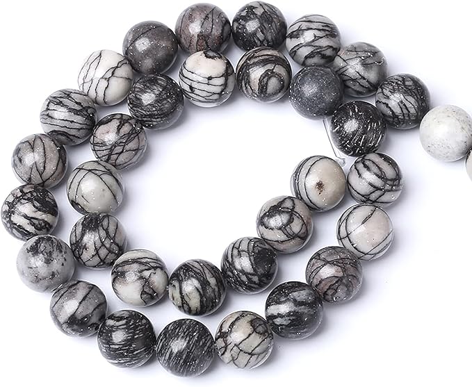 38pcs 10mm Natural Stone Beads Spider Web Stone Round Loose Spacer Energy Stone Healing Power Beads for Jewelry Making DIY Bracelet Necklace 15"