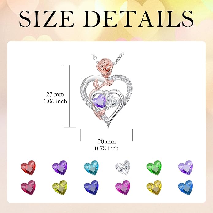 Rose Flower Heart Pendant for Women Birthday Gifts 18k Gold Plated Mother Daughter Necklace with 12 Months Birthstone Christmas Valentines Day Gifts for Her Mom Anniversarry Jewelry for Mom Wife Girlfriend