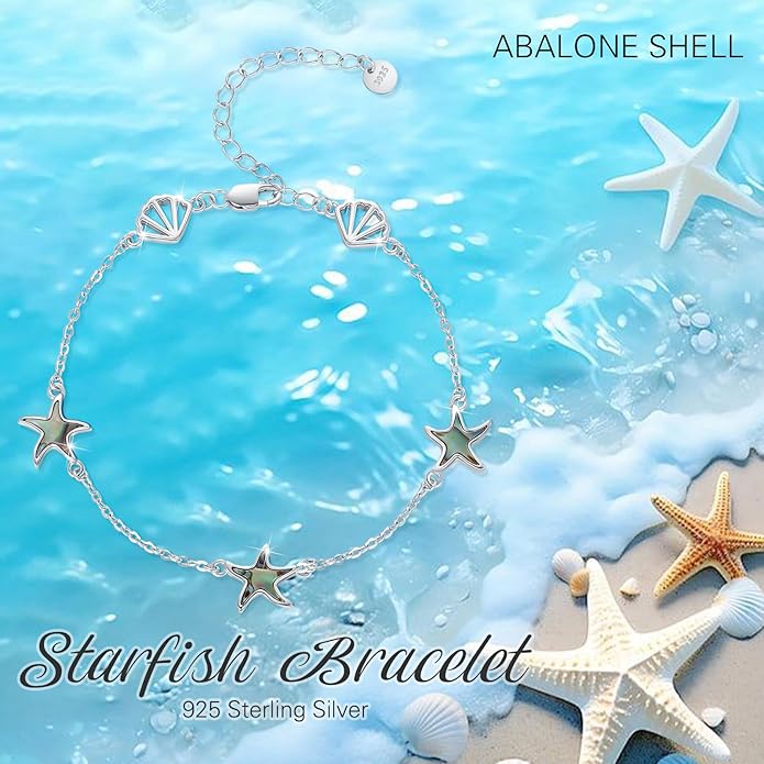 Cuoka Abalone Starfish Bracelet for Women S925 Silver Plated Adjustable Shell Sea Beach Ocean Bracelet Summer Beach Jewelry