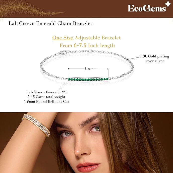 EcoGems Lab Grown Gemstone & Moissanite Bracelets – 14K/18K White or Yellow Gold Plated Sterling Silver – D Color VVS/VS Clarity – Elegant Sustainable Jewelry Gift with Gift Box