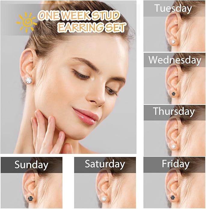 Silver Gold Black Stud Earrings Set 7Pairs Hypoallergenic Cubic Zirconia Titanium Stainless Steel Silver Rose Gold Black CZ Cartilage Stud Earrings Jewelry Sets for Women Men, 2-8mm CZ Stud Earrings