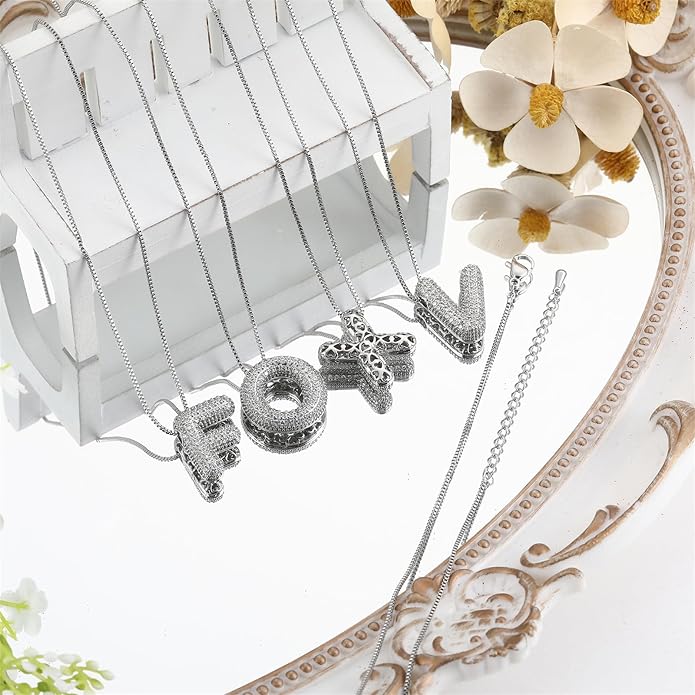 RWQIAN Letter Necklace for Women Bubble, Chunky Initial Alphabet A-Z Pendant Puffy Name Personalized Necklace Dainty Zircon CZ Fashion Jewelry Gifts for Girls Girlfriend