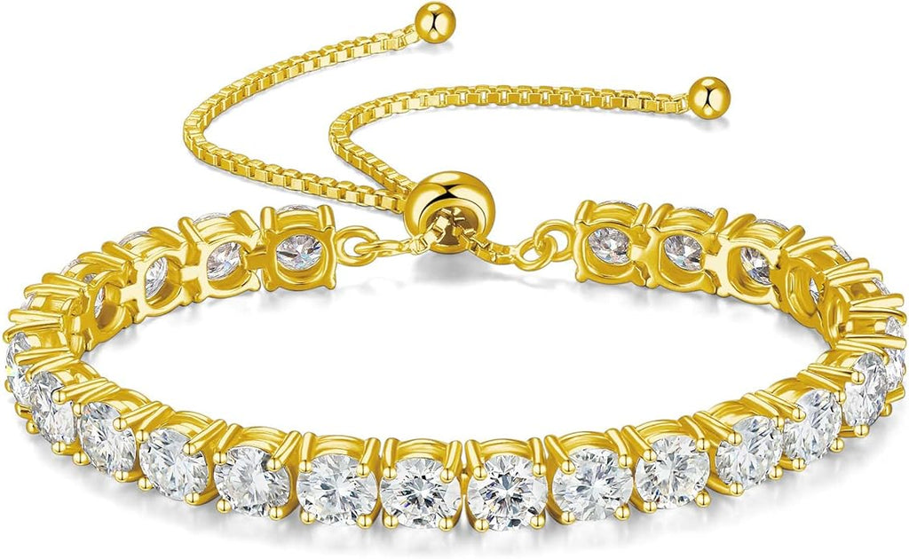 1.2-12 CTTW Moissanite Tennis Bracelet for Women, Adjustable 2-5mm D Color VVS1 Round Cut Moissanite Bolo Bracelet, 18K Gold Plated 925 Sterling Silver Simulated Diamond Bracelet Gifts for Women Her