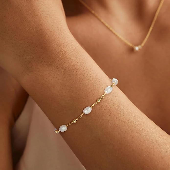 SLOONG Valentines Day Gifts for Her Gold Pearl Bracelets, 18K Real Gold Plated Dainty Stackable Snake Chain CZ Heart Pendant Bracelets, Layered Waterproof Jewelry Gift for Women Adjustable 6"+2"