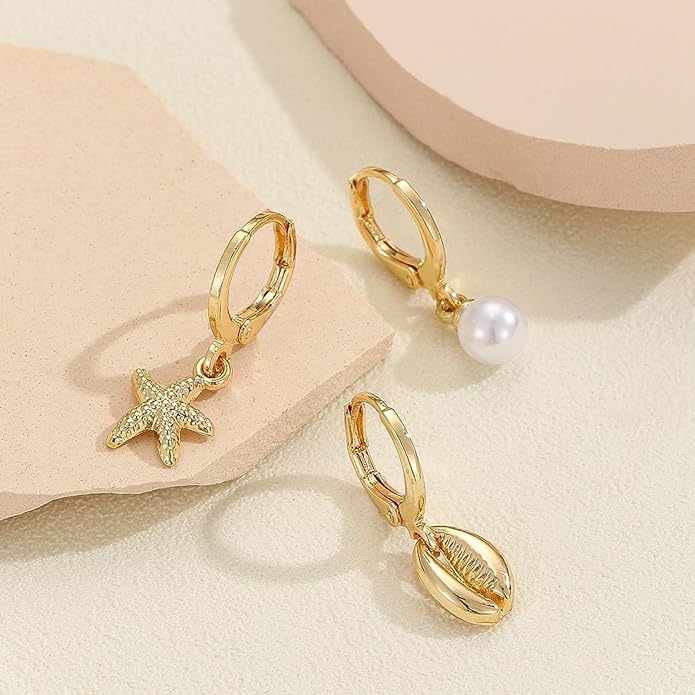 Seashell Starfish Earrings Beach Jewelry for Women Pearl Drop Shell Earrings Ocean Beachy Fashion Accessories Womens Summer Outfits 2026 Tropical Vacation Outfits Beach Vacation Clothes Dresses