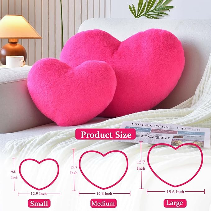 Hot Pink Heart Pillows, Cute Heart Decorative Pillow, Heart Shaped Throw Pillows for Bed, Faux Rabbit Fur Plush Hoom Decor Pillow Cushion for Chair Sofa Living Room (Mini 12.9" x 9.8")