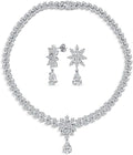 Bridal Jewelry Set Art Deco Vintage Estate Style Cubic Zirconia Marquise Leaf Teardrop AAA CZ Statement Cleavage Choker Necklace & Chandelier Dangle Clip On Or Pierced Earrings For Women Pageant