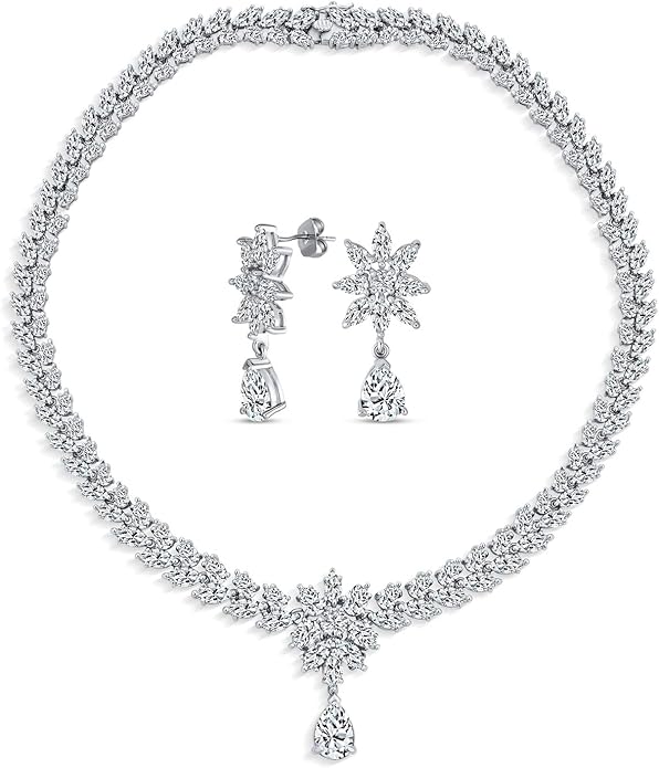 Bridal Jewelry Set Art Deco Vintage Estate Style Cubic Zirconia Marquise Leaf Teardrop AAA CZ Statement Cleavage Choker Necklace & Chandelier Dangle Clip On Or Pierced Earrings For Women Pageant